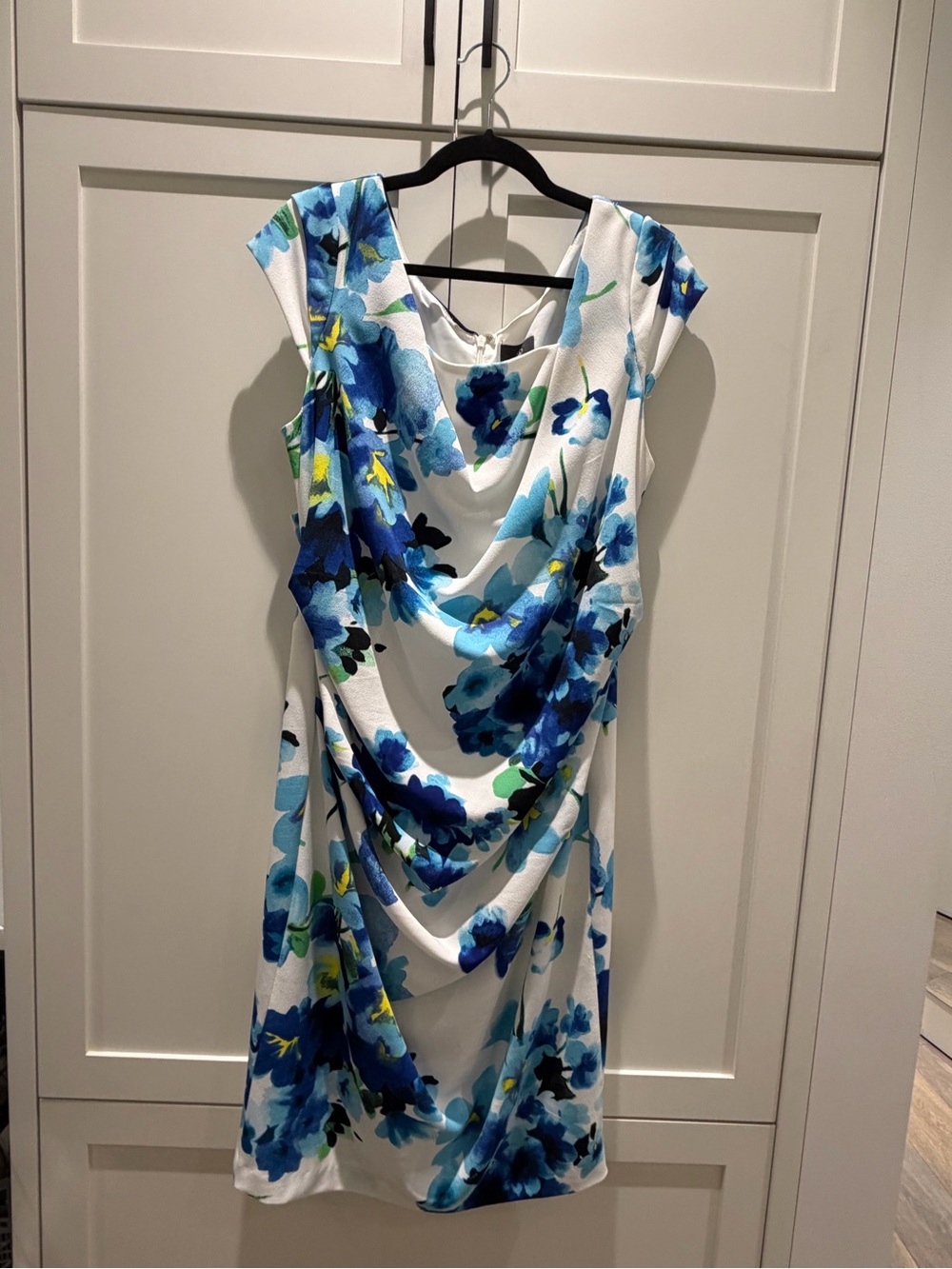 Adrianna Papell Floral Crepe Drape Front Sheath Dress Blue White Size14W